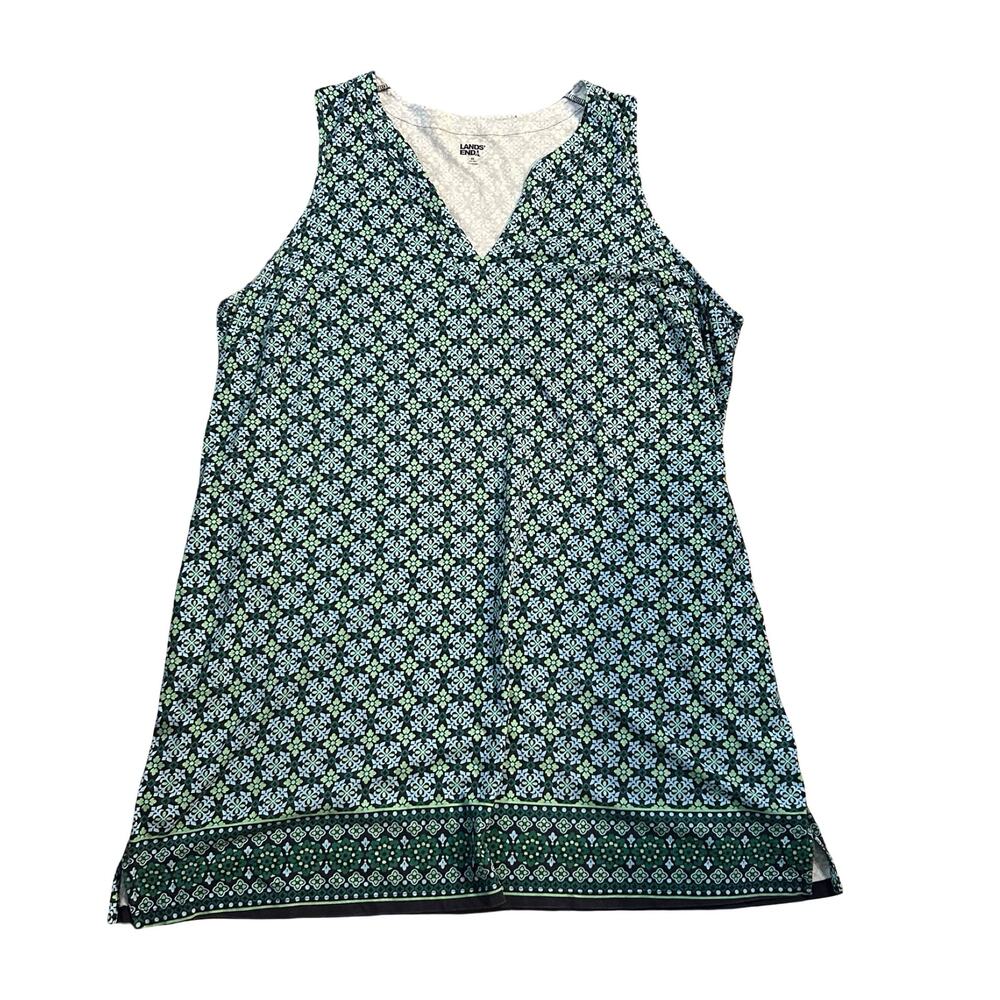 Lands End Floral V Neck Shift Dress Womens 3X Sleeveless Blue Green Cottage